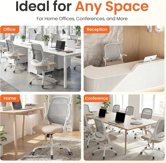 NEO CHAIR Office Computer Chair Ergonomic Mesh Back Flip-Up Arms, Beige | Lumbar Support, Smooth-Rolling Casters, Height Adjustable Seat, Comfortable Seating for Office, Study and Computer Work