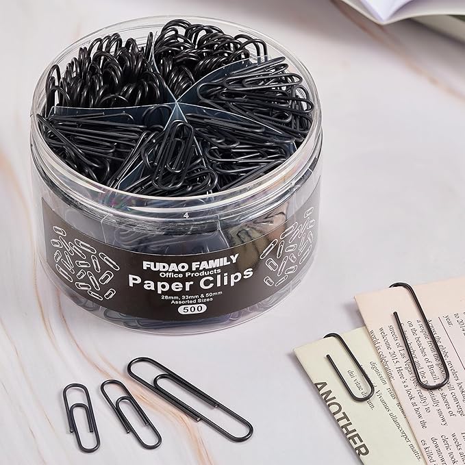FUDAO FAMILY 500pcs Paper Clips Assorted Sizes, Small, Medium and Large（1.1inch, 1.3inch and 2inch Paper Clips, Vinyl Coated Paperclips for Office, School, Home Supplies (Black)