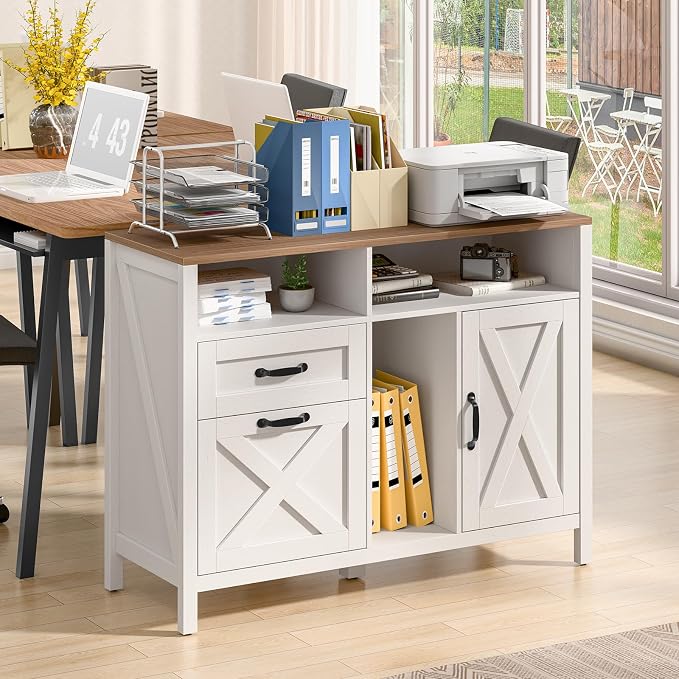 Befrases Farmhouse File Cabinet with Doors, Lateral Filing Cabinet with 2 Drawers for Letter/A4 Size Hanging Files, Large Wooden Printer Stand with Open Shelf for Home Office, Rustic White