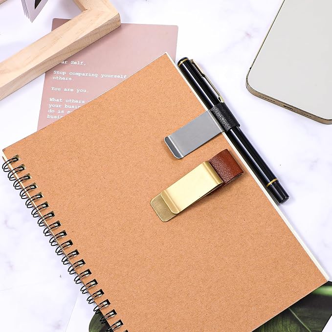 2Pcs PU Leather Pen Clips, Pen Holder for Notebook Metal Pens Loop Holder Notebook Pens Clip for Journal Notebooks Planner Clipboard Office (Black Silver + Brown Gold)