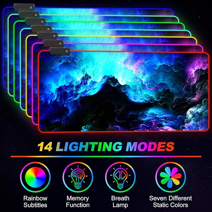 RGB Gaming Mouse Pad Large, Extended LED Mouse Mat XXL 35.4x15.7 inch, 14 Lighting Modes, 2 Brightness, Non-Slip Rubber Base Mousepad Waterproof Keyboard Mat,Fantasy Nebula Sky