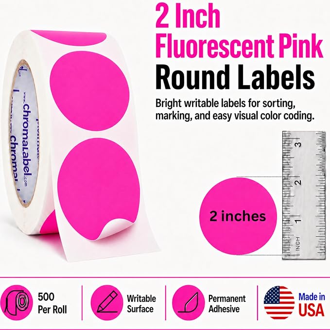 Fluorescent Pink Dot Stickers, 2 Inch, 500/Roll | Large Dot Stickers with Writable Paper for Inventory and Classroom Organization. Made in USA
