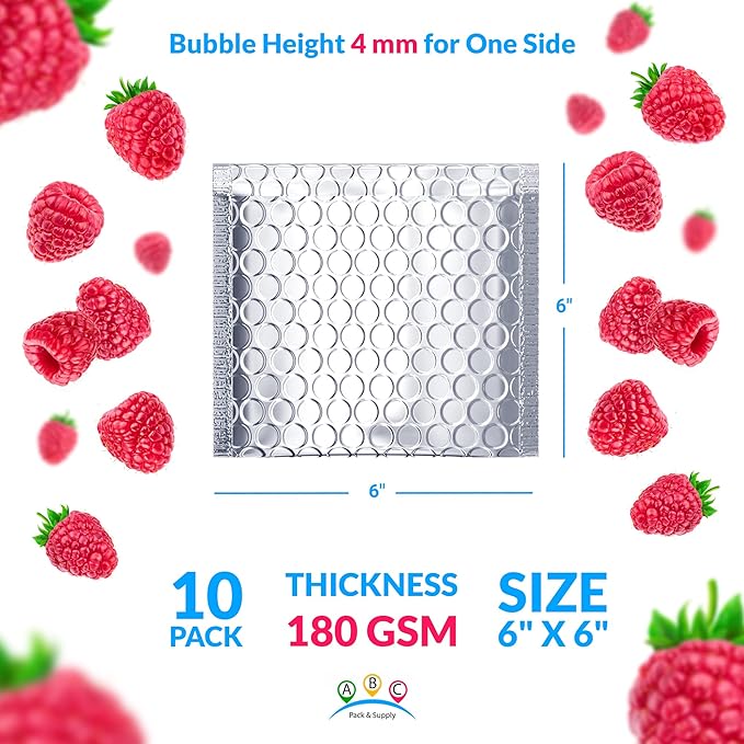 ABC PACK & SUPPLY Thermal Bubble Mailer, 6 x 6 Inch Metallic Foil Insulated Envelopes, 10 Pack Self Seal Waterproof Shipping Mailers