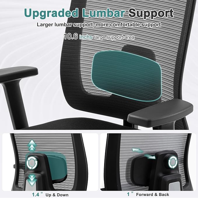 Shintenchi Mesh Office Chair, Ergonomic Home Office Desk Chair with Adjustable Lumbar Support, Headrest, 90°-135° Tilt, Computer Chair for Home Office, Black Task Chair