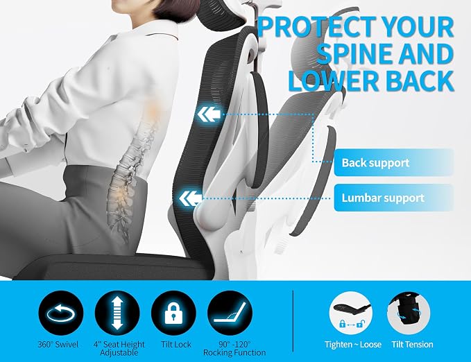 Ergonomic Office Chair: Mesh Desk Chair Comfy with Headrest& Lumbar Support | Ergalithic Big and Tall Office Chairs with Wheels & Flip-Up Arms-Computer Gaming Chairs for Adults Home Office (White Black)