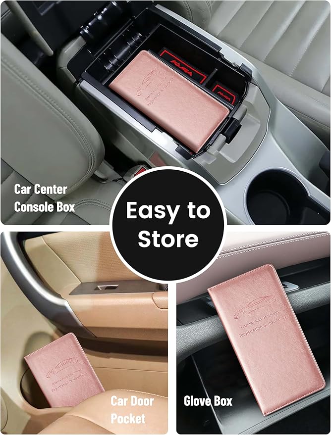 Yarnic Car Registration and Insurance Holder, Car Document Holder with Magnetic Closure, Car Wallet for Driver License, Cards and other Essential Documents (Rose Gold)