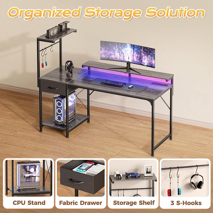 55.1 Inch Gaming Desk with LED Lights & Power Outlets | Computer Desk with Drawer & Storage Shelves, Office Writing Desk with Monitor Stand for Work from Home, Grey