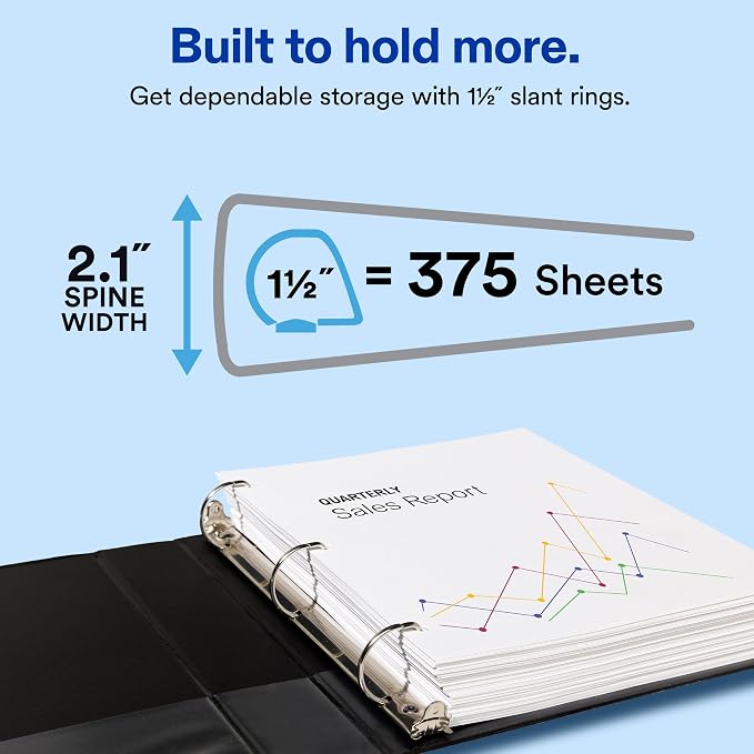 Avery Showcase 3 Ring Binder, 1.5" Slant Rings, 1 Black Binder | For School, Home and Everyday Organization, Clear View Covers, Interior Storage Pockets, Lay-Flat Back-Mounted Rings
