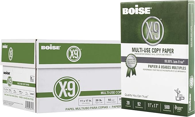 Boise X-9 Multi-Use Printer & Copy Paper, 5 Reams, White, Ledger (11in x 17in), 2500 Sheets Per Case, 20 Lb, 92 Brightness