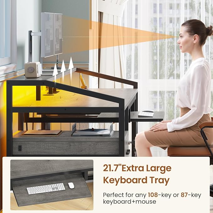 SEDETA 63" Computer Desk, Office Desk with Lockable Drawers for Legal/Letter File, Gaming Desk with LED Lights & Power Outlet, Home Office Desks with Storage, Grey