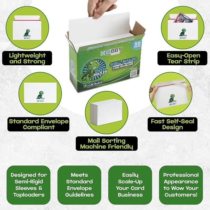 Shell Mailer Trading Card Envelopes for Shipping, Card Mailers - 50 Pack | Perfect Fit for Semi-Rigids & Toploaders, Sides Glued Flat for Sorting Machines, Premium Material, Customized Protective Flap