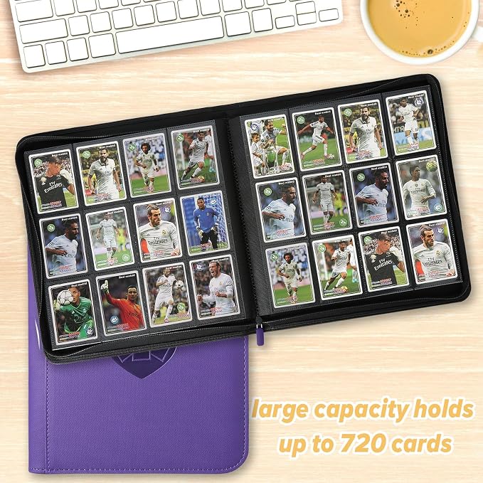 12 Pocket Ringless Side Loading Trading Card Binder, 720 Cards PU Fixed Page Zipper Card Album for TCG Sports Game Cards, Not Fit Top Loaders(Purple)