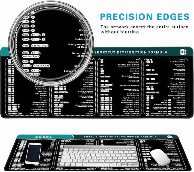 Excel Cheat Sheet Desk Pad, 31.5"x11.8", Waterproof Extra Large Excel Shortcut Mat with Stitched Edges, Anti-Slip Excel Mouse Pad for Office Desk, MS Excel/Word Shortcuts (Green Excel I)