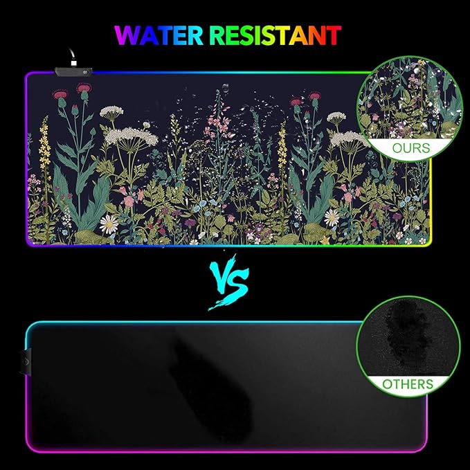 RGB Gaming Mouse Pad Large, AIMSA Keyboard Led Mousepad Extended 35.4 x 15.8 inch Non-Slip Rubber Base with 14 Lighting Modes, Big Desk Mat Waterproof, Flowers Plants