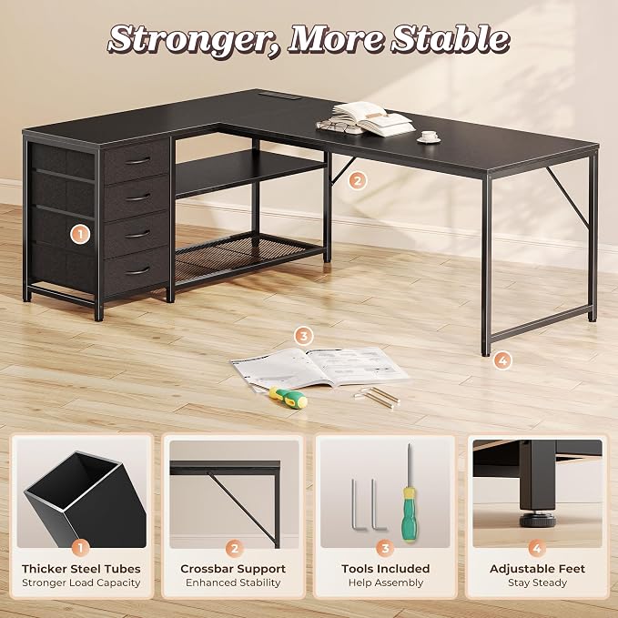61" L Shaped Desk with Power Outlets & 4 Drawers | Reversible Computer Desk with 2 Storage Shelves, Large Corner Office Desk for Gaming Writing Work Study, Black