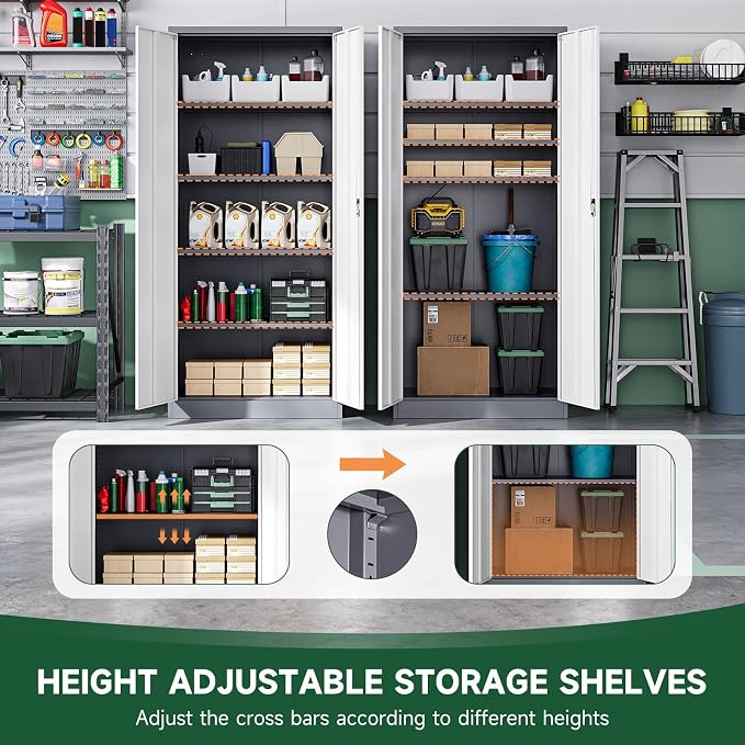 Metal Garage Storage Cabinets with Lock Door and Adjustable Shelves, Steel Tool Cabinets for Home,Office,Warehouse Organisieren (Gery White, 72" H)