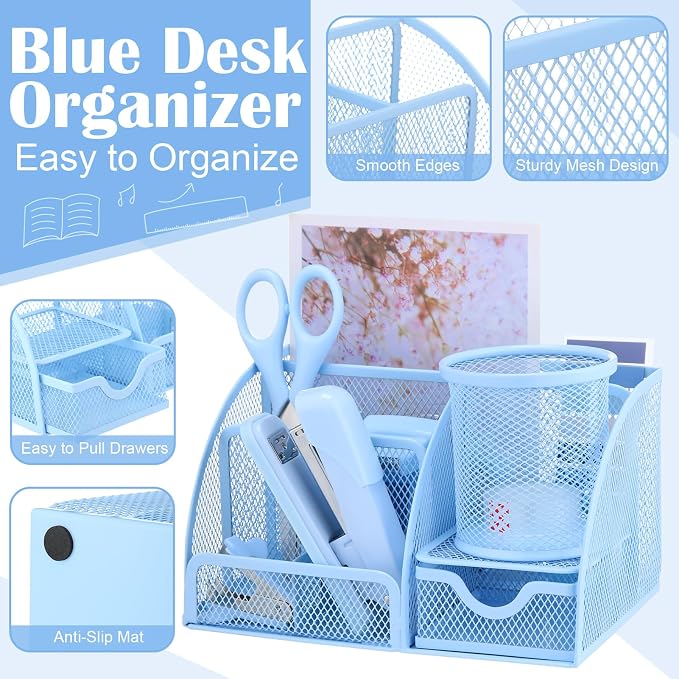11 In 1 Blue Desk Organizer And Accessories, Light Blue Office Supplies Include Stapler, Tape Dispenser, Pen Holder, Staple Remover, Clips, Ruler, Scissors, Tapes, Tabs