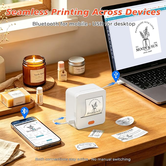 P1 Label Maker Machine 2" Portable Barcode Sticker Maker Printer, Thermal Label Maker for Small Bussiness, Home Organization, Bakery Shop, Office (with 1 Roll 2"x1.2"(50x30mm) Thermal Label)