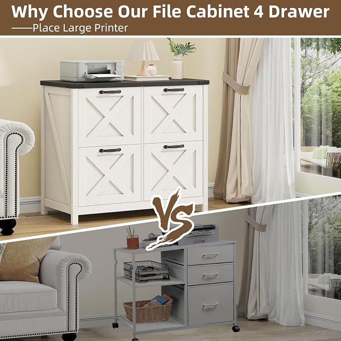 Halitaa Farmhouse Lateral File Cabinet with 4 Drawers, White and Black | Lateral Filing Cabinet for Letter/A4 Size Hanging File, Wood File Storage Cabinet Printer Stand for Home Office Cabinet
