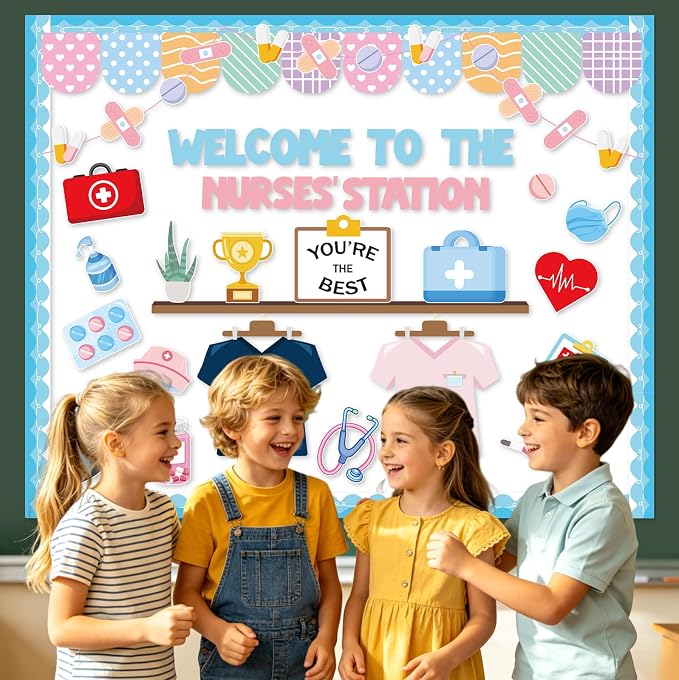 67Pcs School Nurse Bulletin Board Decorations Set, Welcome Back to School Classroom Decorations Kit, Nursing Appreciation Office Decor Medical RN Cutouts Healthcare Workers Chalkboard Door Wall Decor