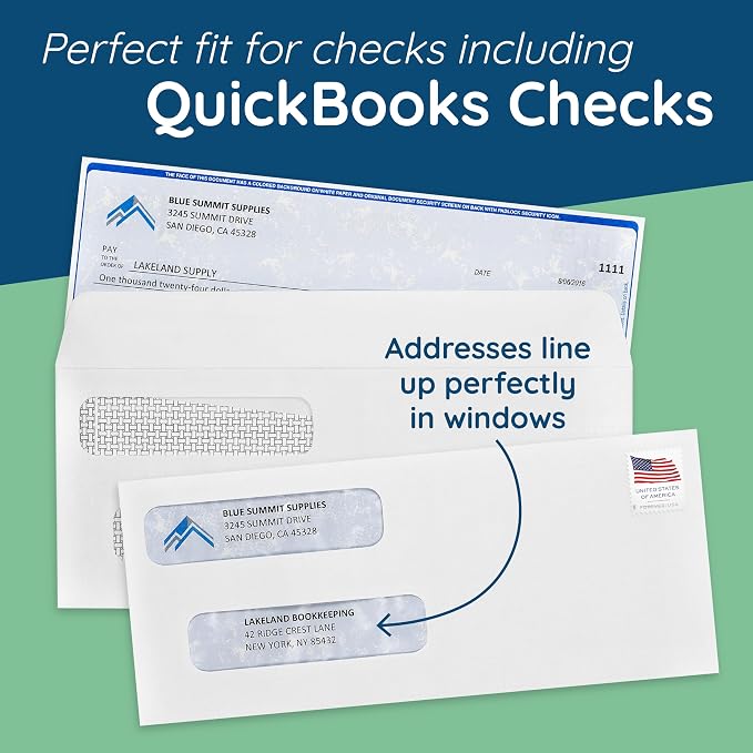 Blue Summit Supplies 500#8 Double Window Security Envelopes, Flip & Seal | 3 5/8 x 8 11/16 in, security tint, flip and seal, for QuickBooks checks, business mailings