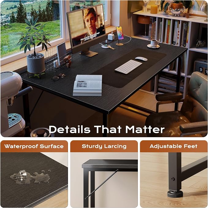 40 X 24 Inch Deeper Desk with Power Outlets | Small Computer Desk for Bedroom, Office Desk for Work from Home, Writing Study Gaming Table, Stable Metal Frame, Black
