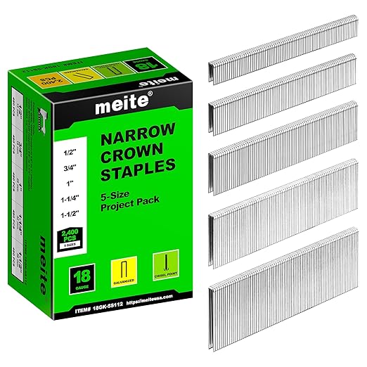 meite 18 Gauge 1/4-Inch Narrow Crown Staples, Assorted 5 Sizes (1/2", 3/4", 1", 1-1/4", 1-1/2" Each Size 480 Counts). Galvanized Staples for Heavy Duty and Upholstery, 5 Sizes Project Pack