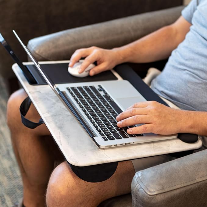 LAPGEAR Home Office Pro Lap Desk – White Marble, Fits 15.6” Laptops | Built-In Mouse Pad & Phone Slot, Wide Cushioned Wrist Rest, Dual-Bolster Microbead Cushion, Carry Handle