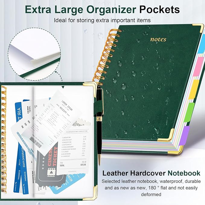 Hardcover Spiral Notebook 8"x10" Journal Notebook with Tabs and Removable Dividers 300 Pages 5 Subject Notebook College Ruled, Faux Leather Spiral Bound Notebook for Women School Work (Green)