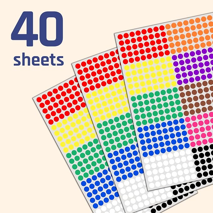 16,000 Pack - 1/4" Small Colored Dot Stickers Round Labels, 10 Colors