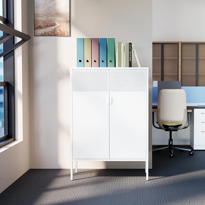 Washsemba 2 Mesh Door Metal Storage Cabinet with Adjustable Shelves, Multipurpose White Storage Cabinet, 3-Tier Office Cabinet,Metal Storage Cabinet for Office Home,Hallway (White, 47''H)