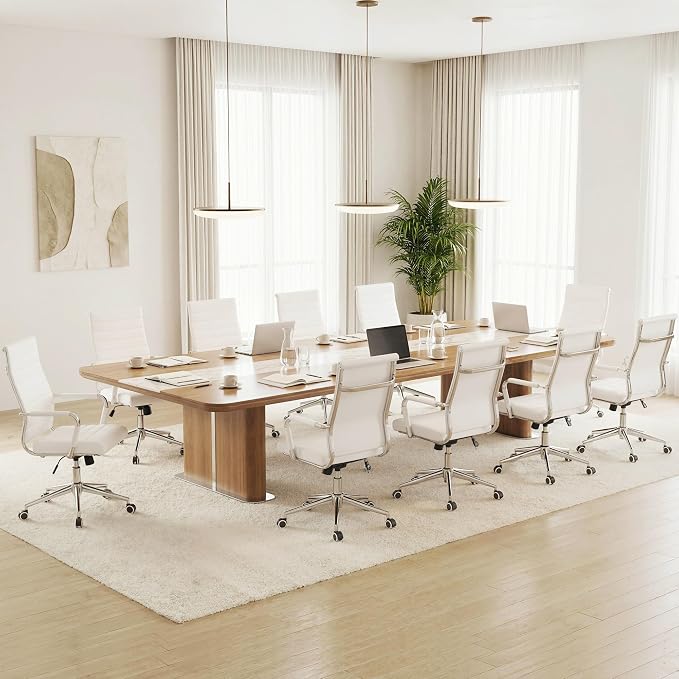 Okeysen Office Desk Chair, Ergonomic Leather Modern Conference Room Chairs, Executive Ribbed Height Adjustable Swivel Rolling Chair for Home Office Set of 1. (White)