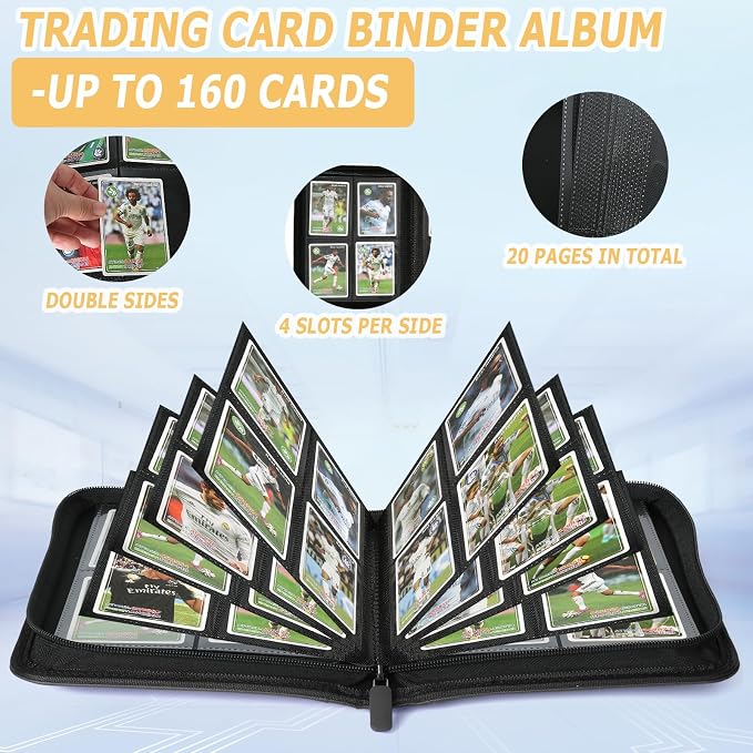 4 Pocket Ringless Side Loading Trading Card Binder, 160 Cards PU Fixed Page Zipper Card Album for TCG Sports Game Cards, Not Fit Top Loaders (Black)