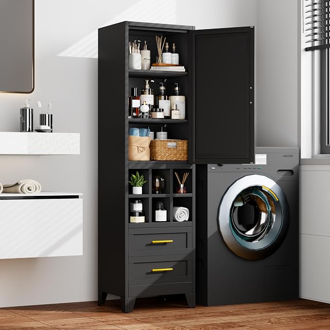 Ckzbx Tall Narrow Storage Cabinet, 66.93" H Tall Bathroom Cabinet Metal Pantry Cabinets with Drawers, 3 Adjustable Shelves, for Kitchen, Bathroom, Home Office, Living Room
