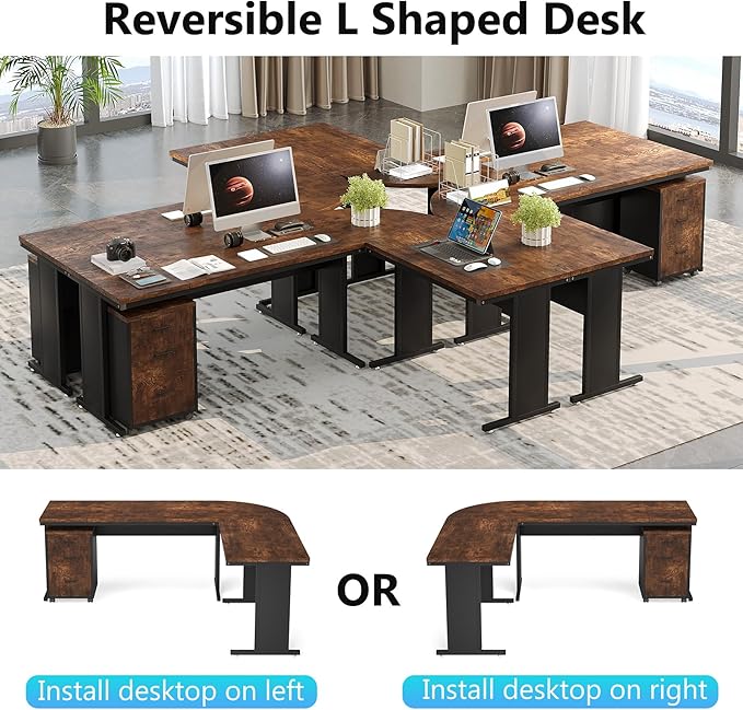 Tribesigns 83" L-Shaped Executive Desk, Large Office Desk with Drawers, Industrial Corner Computer Table with Rolling File Cabinet, Business Workstation for Home Office (Brown, 83 Inches)