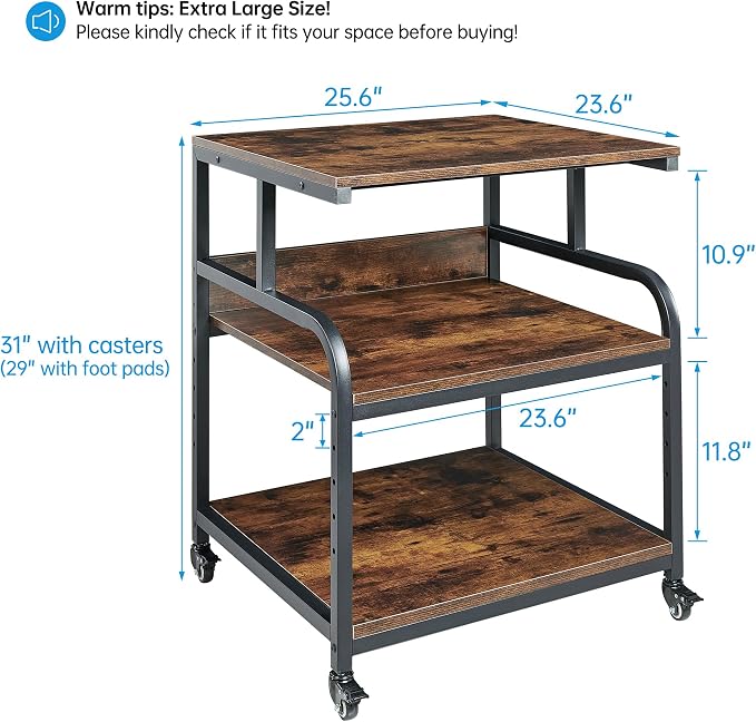 Fannova Extra Large 3D Printer Stand Table with Adjustable Storage Shelf | 25.6"x23.6"x30.9", Heavy Duty Industrial Wheels, 25mm Heavy-Gauge Steel Tube, Home Office Printer Furniture, Rustic Brown