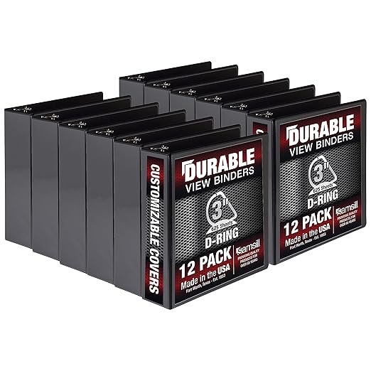 Samsill Durable 3 inch 3 Ring Binder, D Ring Binder, 100% Recycled Chipboard, Black, 12 Pack