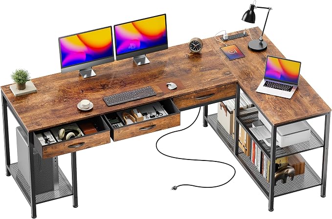 63 Inch L Shaped Office Desk with Power Outlets and Type-C Port, Large Computer Gaming Desk with 3 Fabric Drawers, Mesh Shelves, Corner Study Work Writing Desk, Rustic Brown
