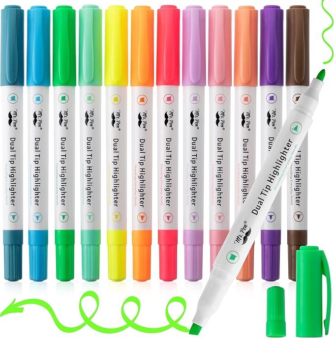 Mr. Pen- Dual Tip Highlighters, Pastel Colors, 12 Pack, Fine & Chisel Tip Assorted Colors, Markers for Journaling