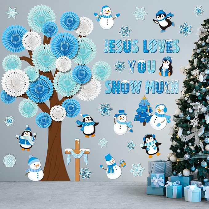 79 Pcs Winter Bulletin Board Decorations Jesus Loves You Snow Much Classroom Decor 3D DIY Christmas Tree Paper Fans Snowman Snowflake Penguins Cutouts for Winter Xmas Home School Wall Decor