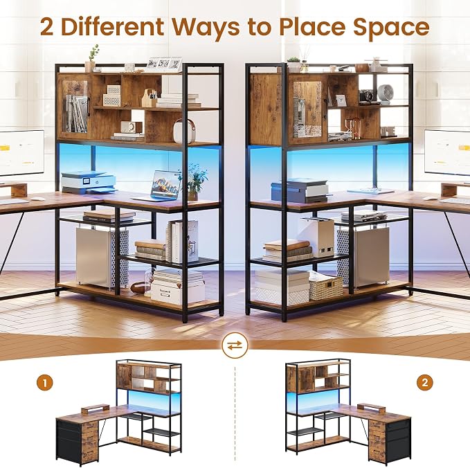 SEDETA 58'' L Shaped Computer Office Desk with 3 Drawers and Bookshelf | L Shaped Corner Desk with Storage Shelves and LED Light for Home Office, Gaming, Small Space, Rustic Brown