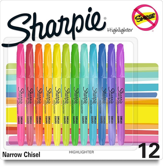 Sharpie Pocket Highlighters, Chisel Tip, Quick Dry, Assorted Fluorescent Colors, 12 Count - For Studying, Note-Taking, School, College, Office, Student & Teacher Supplies