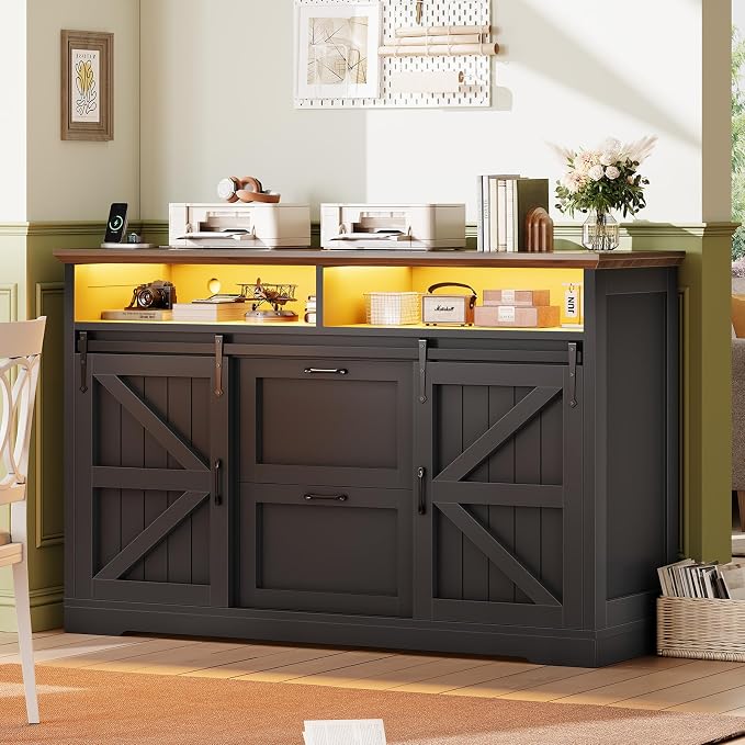 SEDETA 47.2" File Cabinet, 2 Drawers Filing Cabinets for Home Office fit Legal/Letter/A4 File, Farmhouse File Cabinet with Barn Door & Power Outlets, Printer Stand with Storage & LED Lights, Black