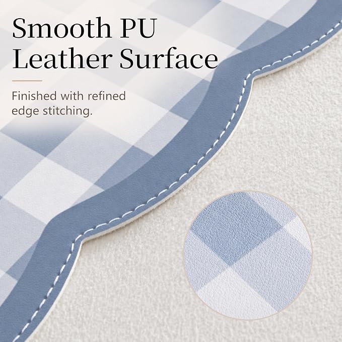 Ohocut Scalloped Gingham Checkered Desk Pad，Blue：31.5" x 15.7" | Large, Premium Faux Leather, Anti-slip Bottom, Water Repellent, Easy to Clean, Aesthetic Trendy Design