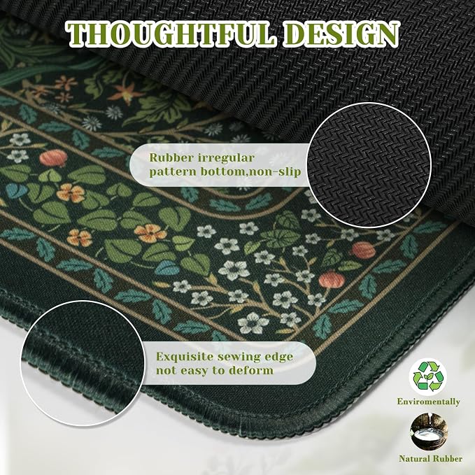 iCasso Aesthetic Floral Desk Mat, 31.5x11.8in Mouse Pads, Retro Green | Anti-Slip Mousepad with Stitched Edges, Waterproof Computer Pad, Desk Accessories Office Decor for Women