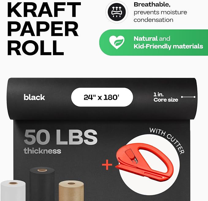 Black Kraft Paper Roll 24" x 2160" (180 feet) with Cutter - USA-Made