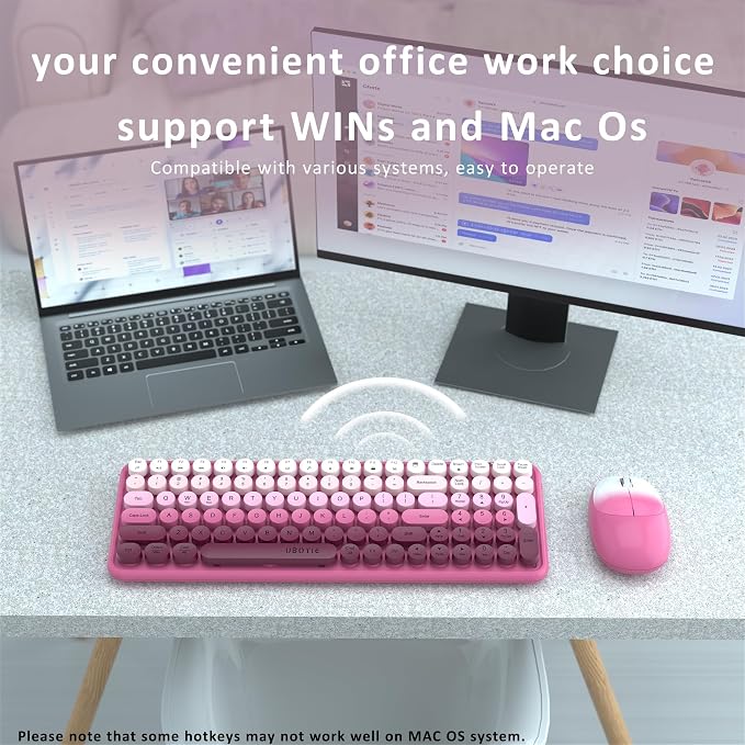 UBOTIE Wireless Keyboards and Mouse Combo (Rosy Gradient) | Colorful Gradient Rainbow Color Retro Typewriter Flexible Keyboard, 2.4GHz Connection and Optical Mouse for PC Wins Mac