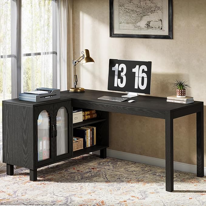 Tribesigns L-Shaped Desk with File Cabinet, 59-Inch Executive Office Desk with Storage Shelves, Wooden Study Writing Desk Farmhouse Corner Computer Desk for Home Office, Black