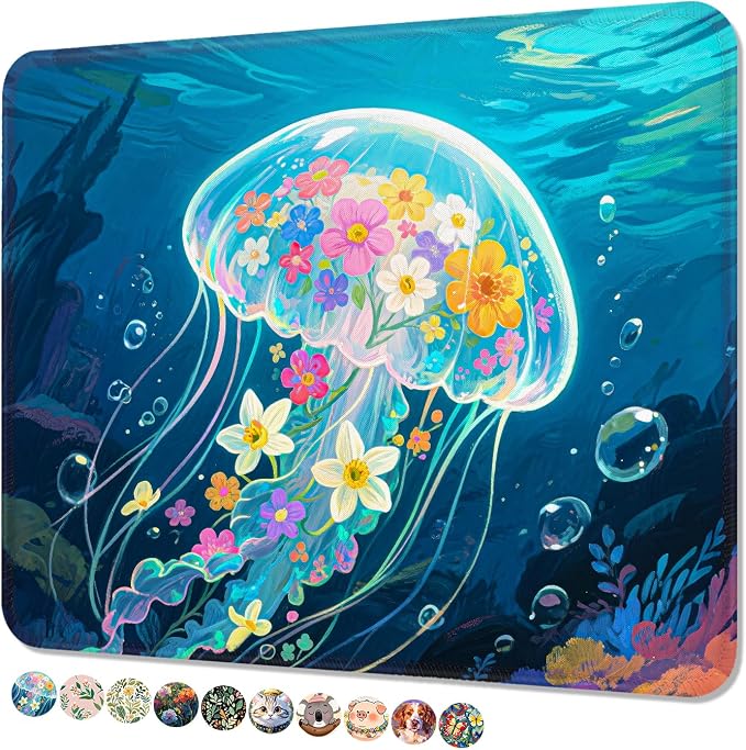 Mouse Pad, Cute Mouse Mat, 10" x 8", Colorful Jellyfish | Square Waterproof Gaming Computer Mat, Textured Top, Stitched Edges, Non-Slip Rubber Base for Office Home Laptop Keyboard