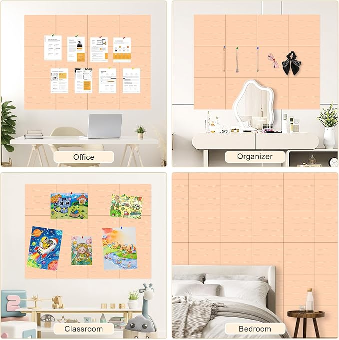 AKONEGE Felt Bulletin Board Tiles 12 Pack, 48" x 36" Cork Board Alternative, DIY Pin Board Wall Tiles for Photo Wall, Vision Board, Room & Home Office Decor, Stick-On with Adhesive Tabs, Peach Beige